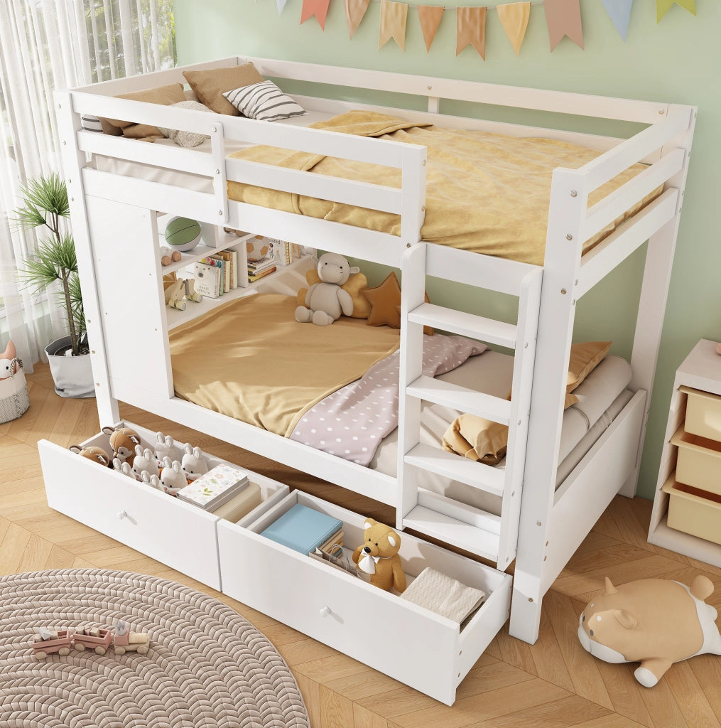 Letto a castello 90x200 cm bianco con cassetti e libreria