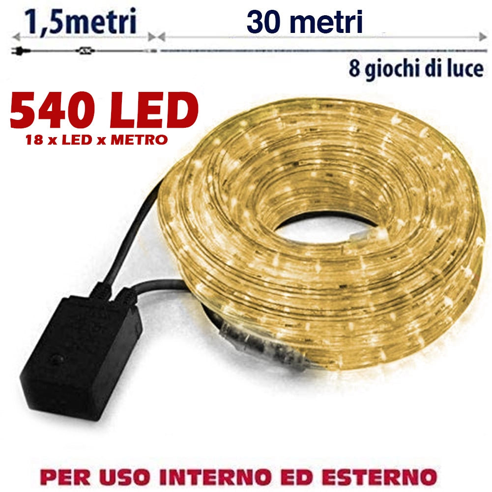 Tubo Luminoso 30 metri LED Bianco Caldo 540 Luci per interno e per Esterno