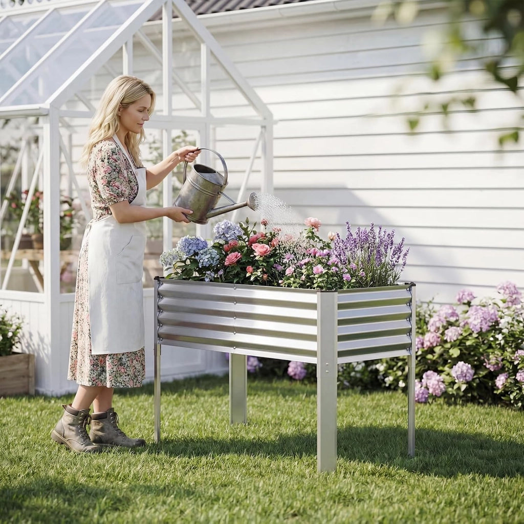 Fioriera Rialzata da Esterno, Orto Rialzato da Giardino in Metallo con Fori di Drenaggio, Altezza Ergonomica e Guanti, Letto Elevato da Giardino Rettangolare per Piante e Fiori, (Argento)