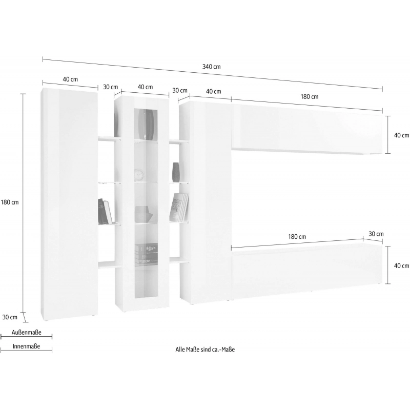 Parete soggiorno Maruska – 380x180x30 – Bianco Lucido