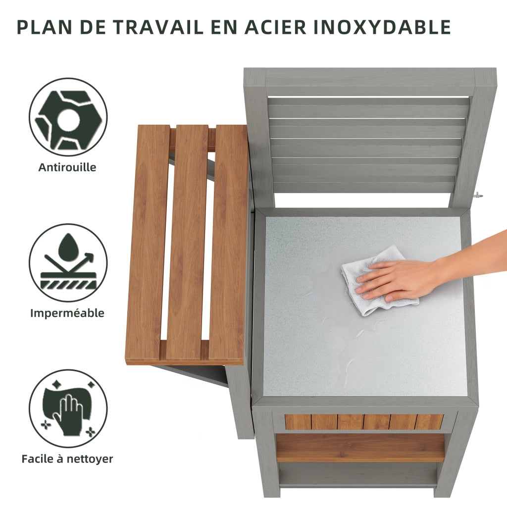 Armadio Da Giardino con Piano In Acciaio Inox e Doppio Ripiano Contenitore in Legno Massello Naturale 74 × 54 × 149 cm