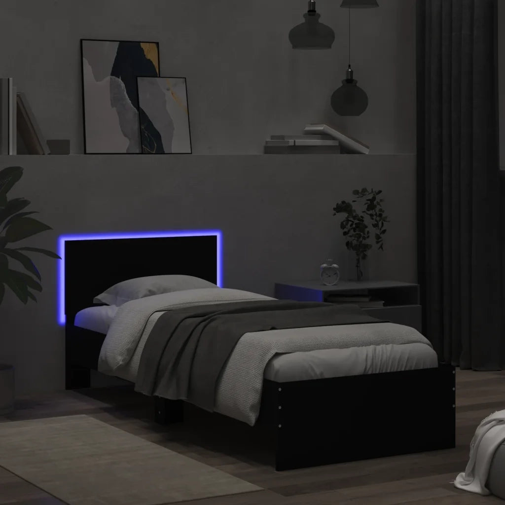 Letto singolo | Letto per adulti | Giroletto con Testiera e LED Nero 75x190 cm