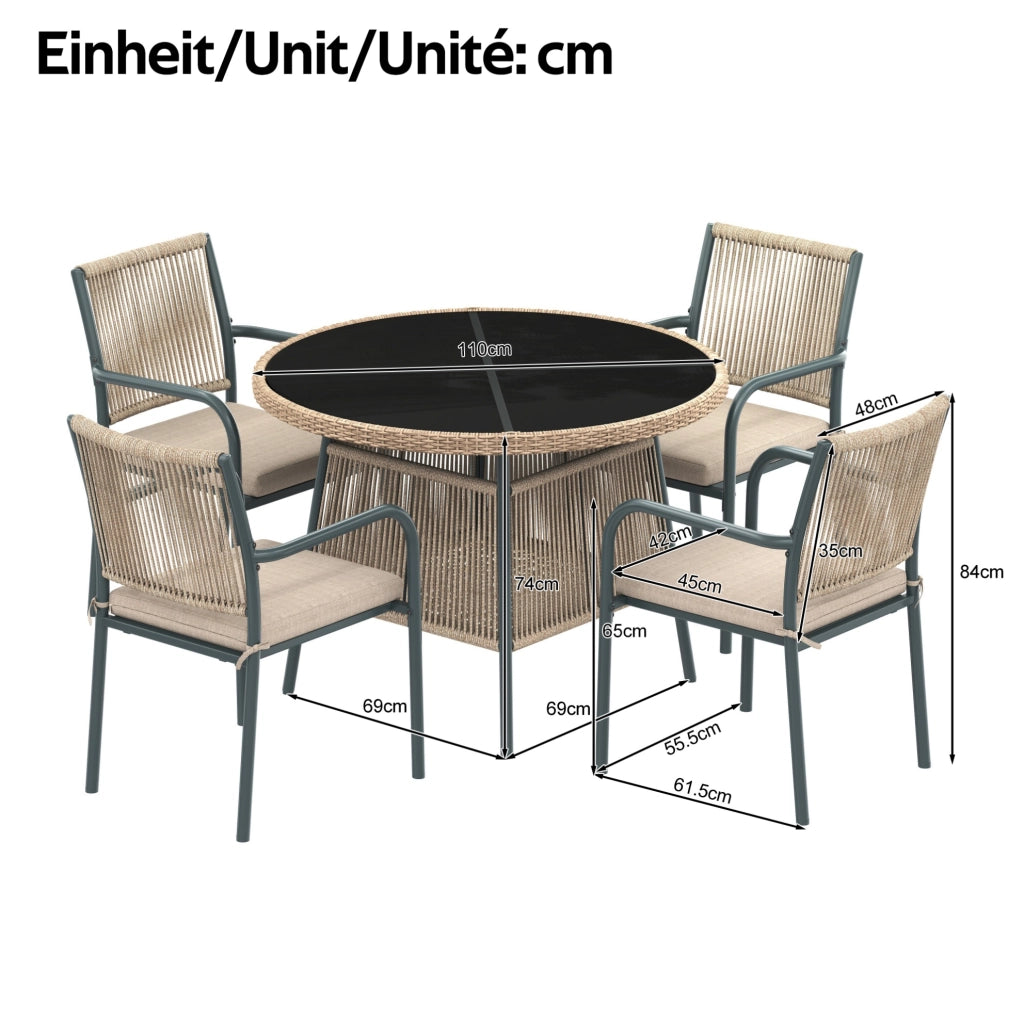Set da giardino da pranzo 5 pezzi per 4 persone con tavolo in vetro temperato e cuscini; grigio e naturale