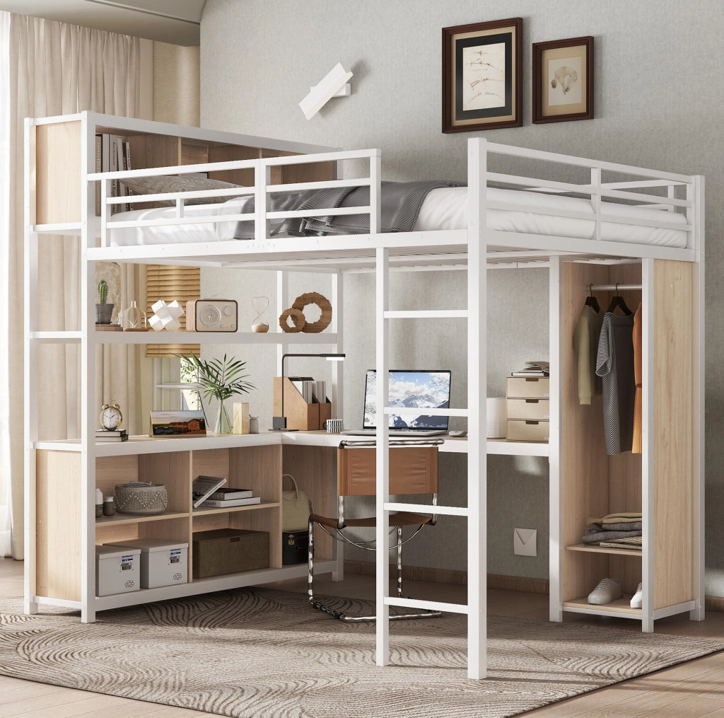 Letto a soppalco 140x200 cm con scrivania e armadio