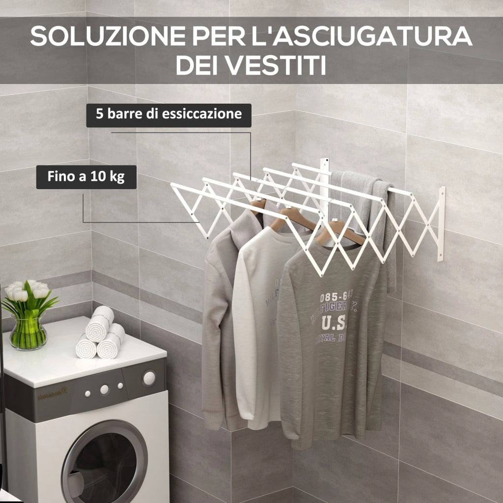 Stendibiancheria a Parete Retrattile 63,5x60x20 cm per Interni ed Esterni in Metallo Bianco