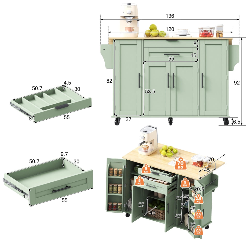 Carrello cucina mobile con piano estraibile 120x45 cm, anta doppia, cassetto nascosto e ripiani regolabili, verde anticato