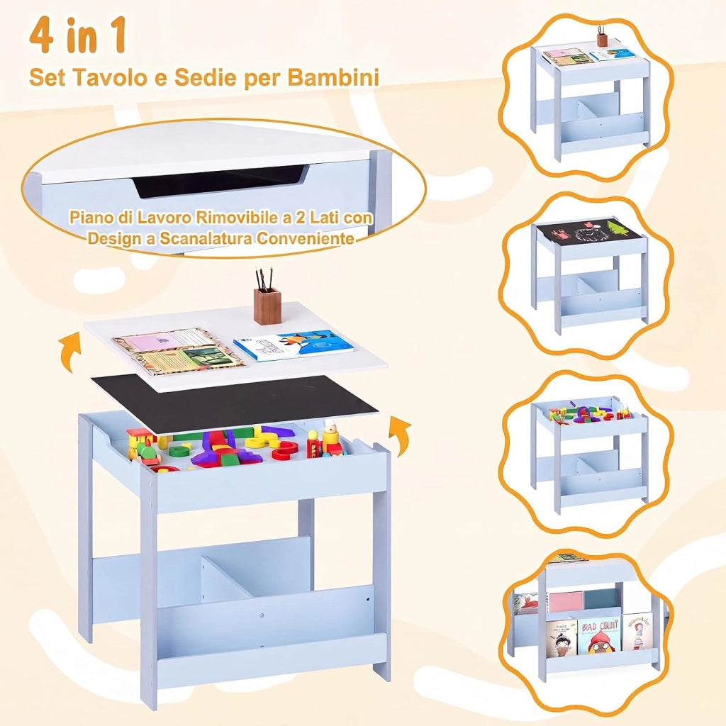 Set Tavolino Bambini con 2 Sedie per 3+ Anni, Tavolo e Sedie 4 in 1 con Lavagna Rimovibile, Librerie e Scatola in Tessuto, Mobile Salvaspazio per Scuola e Cameretta (Blu, Stile 3)