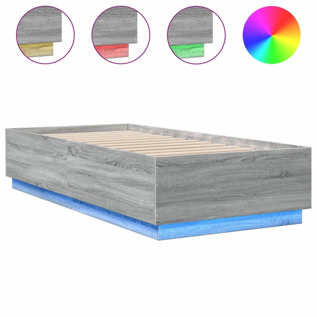 Letto singolo | Letto per adulti | Giroletto con Luci LED Grigio Sonoma 90x200cm Legno Multistrato