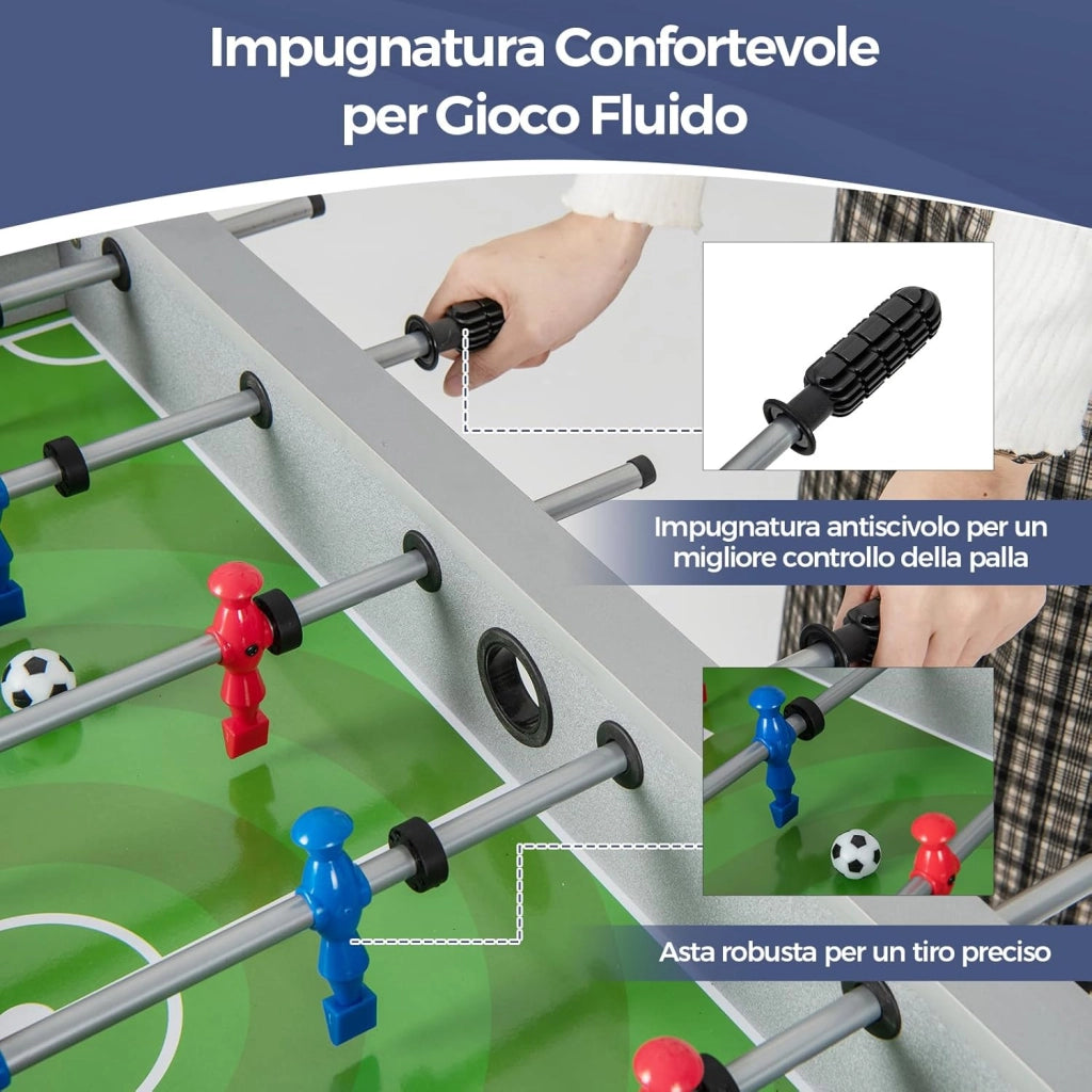 Calcio Balilla per Bambini e Adulti, Tavolo da Calcio con 2 Palloni, Manico Liscia, 18 Giocatori Realistici, Mini Calcetto con Versatile per Sala Giochi, Ufficio e Festa, 95 x 53,5 x 76,5 cm