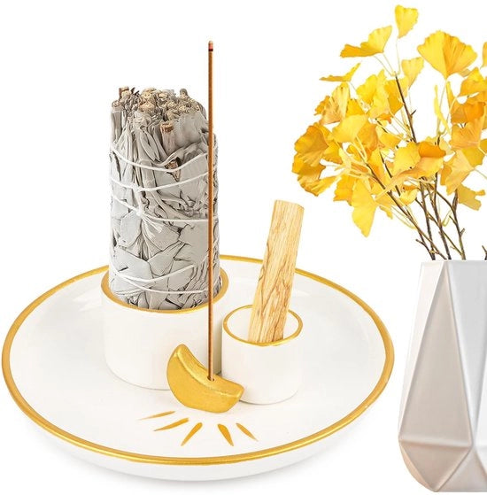 Supporto per candela 4-in-1 in ceramica, design mensile, con ciotola per incenso Palo Santo, per uso con candele e incenso, per meditazione e yoga, decorativo.