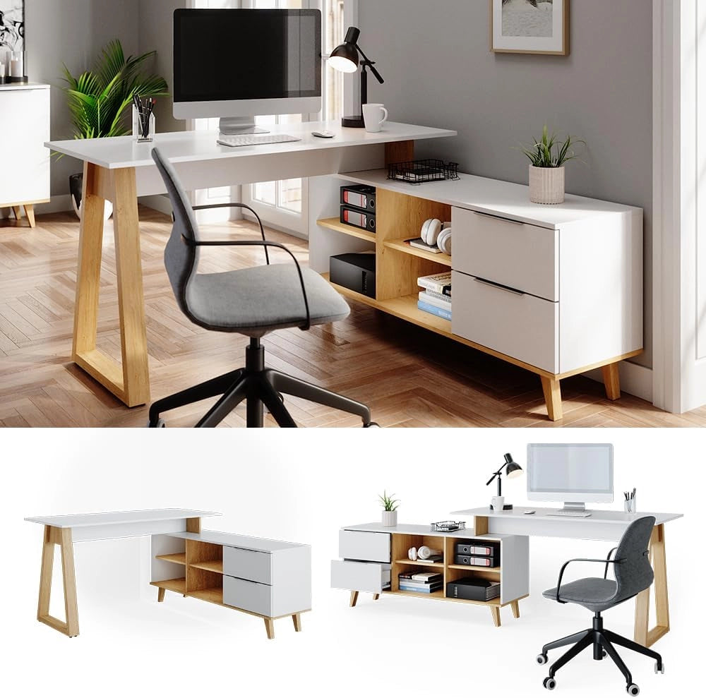 Scrivania Nautica, Bianco, 138 x 60 cm con cassetti XXL, adatto per postazioni di lavoro al computer e uso in home office