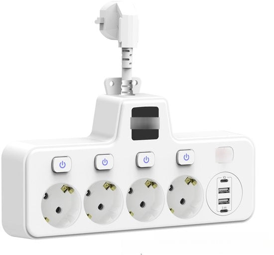 Adattatore di presa con lampada a LED, 2 porte USB-C, 2 porte USB, prese elettriche, interruttore indipendente, protezione da sovracorrente, bianco, adatto per uso domestico e ufficio
