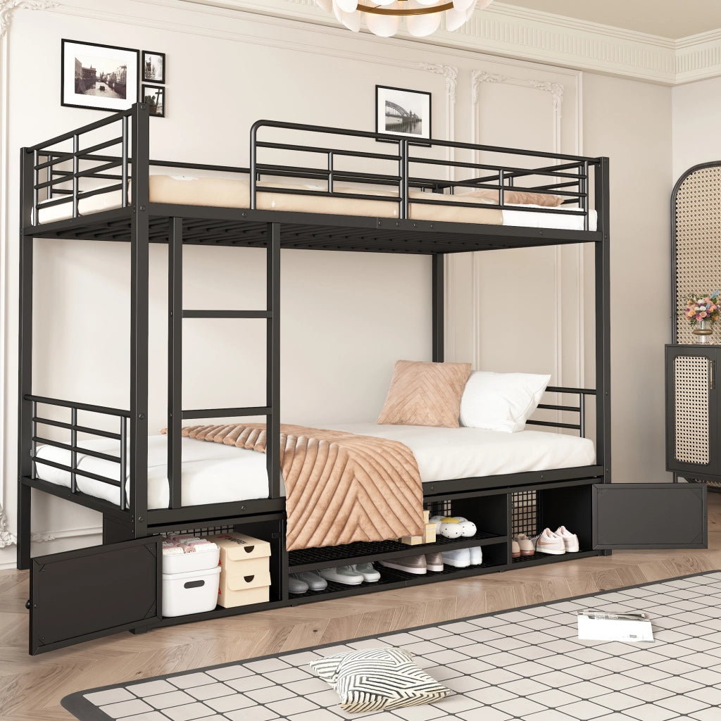 Letto a Castello 90x200 cm; Letto Singolo - Con Scarpiera; Scaletta; Sponda; in Metallo Nero