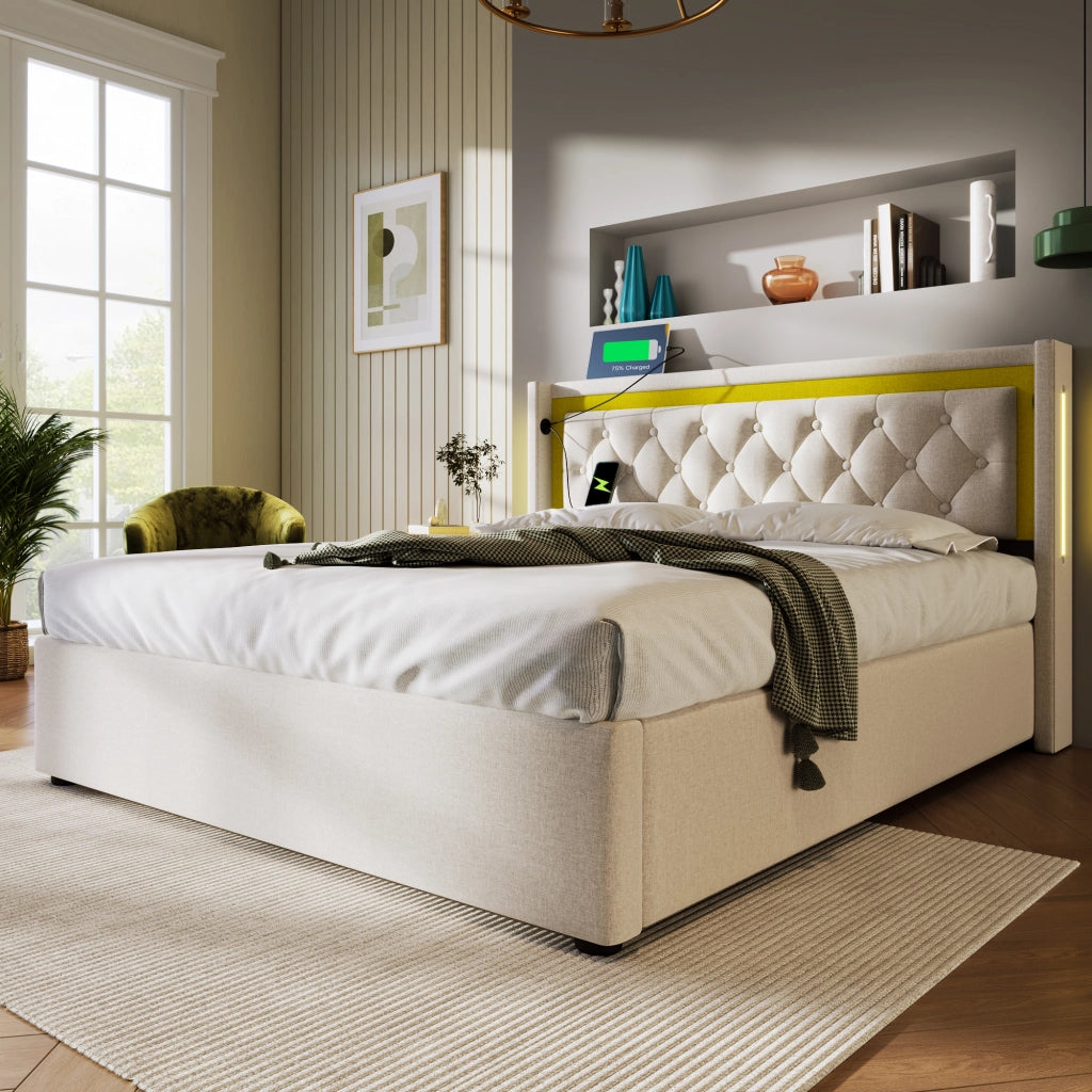 Letti contenitori 140x200 cm con LED e ricarica USB+Type C; cotone beige (Senza materasso)