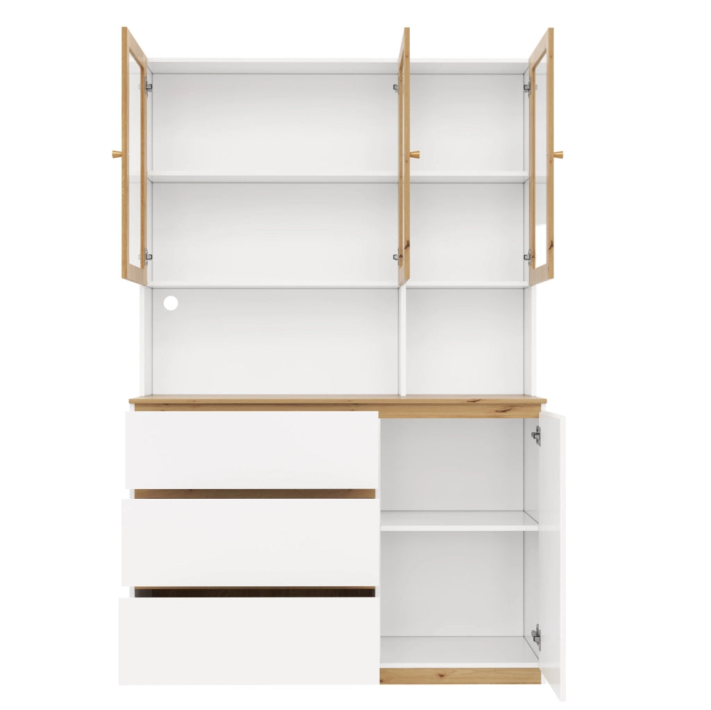 Mobile alto vetrina con LED; 120x200 cm; in MDF bianco ed effetto rovere