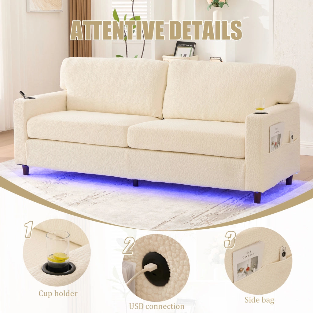 Divano 2 posti - con USB-C; luci LED; portabicchieri e tasche laterali - in chenille beige