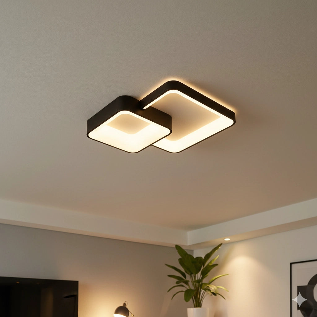 Plafoniera LED da Soffitto 58W 4640 Lumen – Design Moderno a Doppio Quadrato Nero – Luce Calda Naturale Fredda Selezionabile – Lampada LED Interni