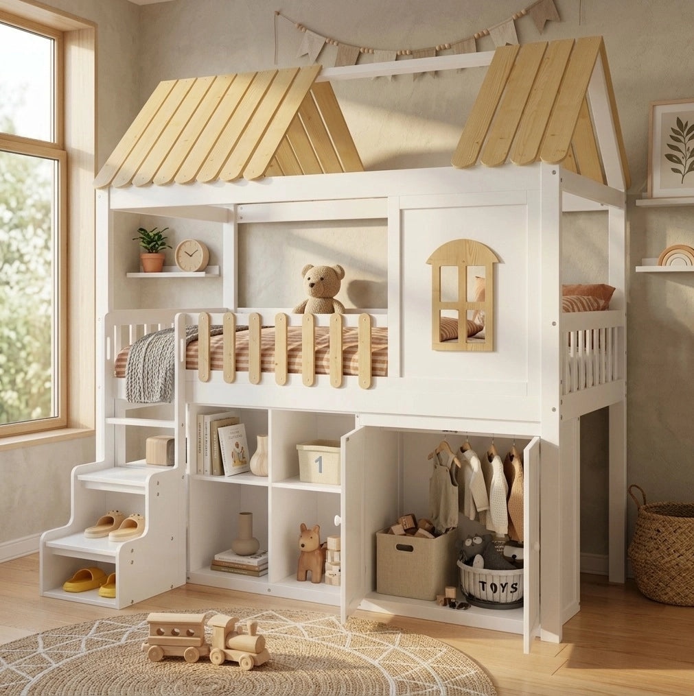 Letto a soppalco per bambini 90x200 cm con armadio