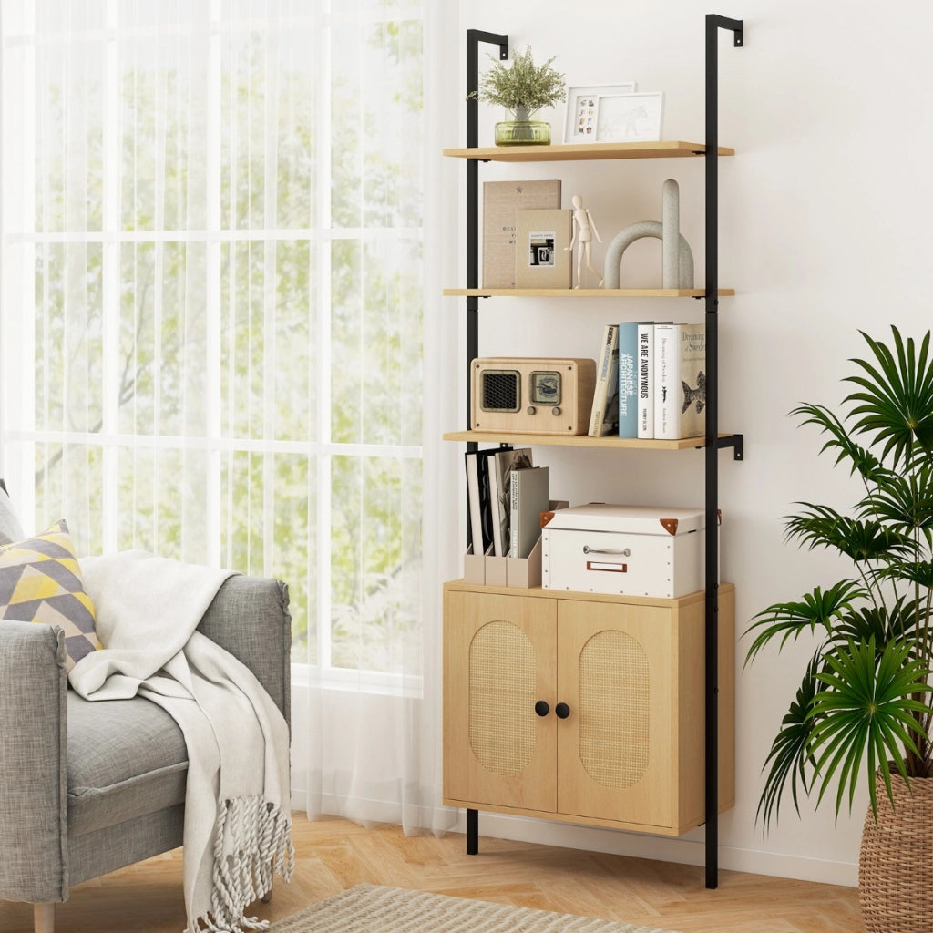 Libreria scala armadietto scaffale a scala a parete con ripiano regolabile-Libreria a 3 livelli con armadietto in rattan Legno naturale