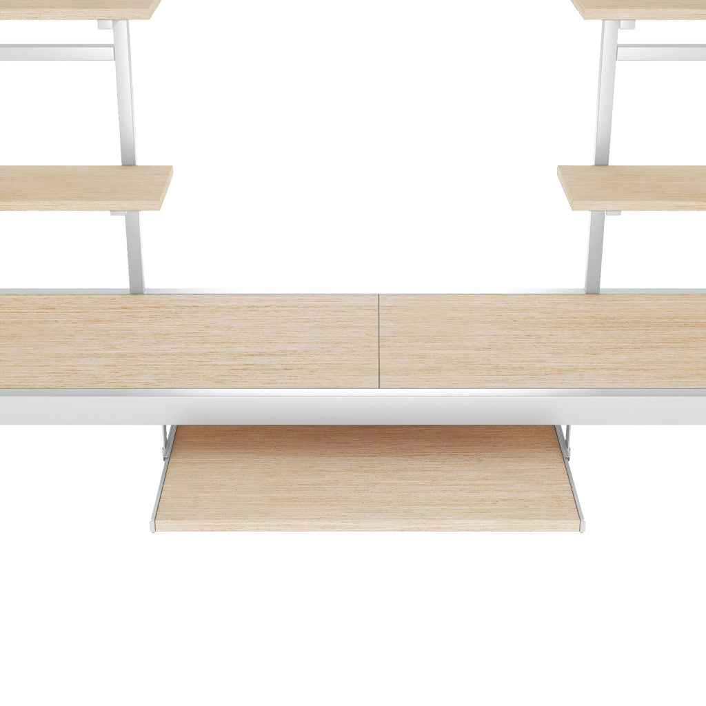 Letto a soppalco 90 × 200 cm con scrivania, 2 librerie e scala, senza materasso, in metallo bianco