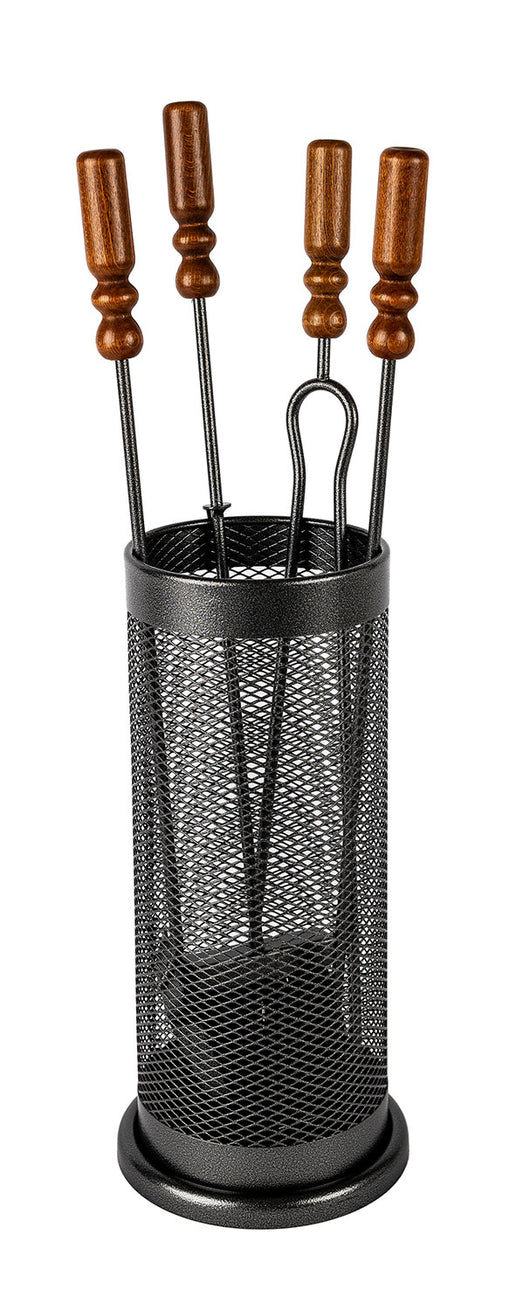 Trespolo per Attrezzi Camino Barilotto a Rete con Paletta Scopino Attizzino e Pinza Ø18x62 cm in Ferro e Legno Grigio