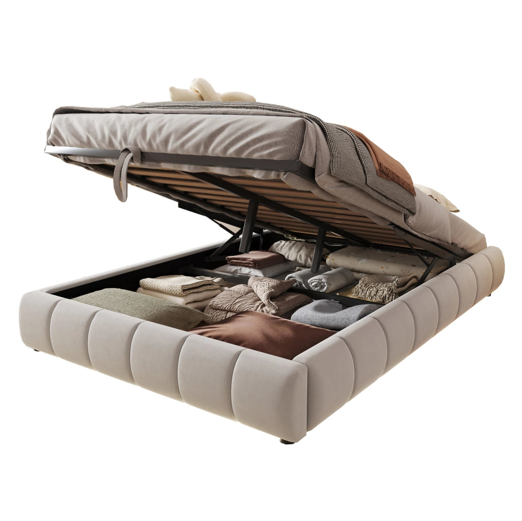 Letto imbottito 140x200 cm beige con contenitore idraulico e LED bianco