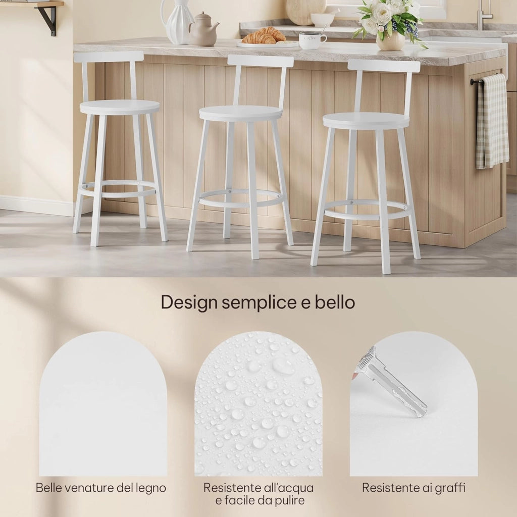 Sgabelli Cucina Set di 6, Sgabelli da Bar per Colazione, con Poggiapiedi e Schienale, Struttura in Metallo, Bianco