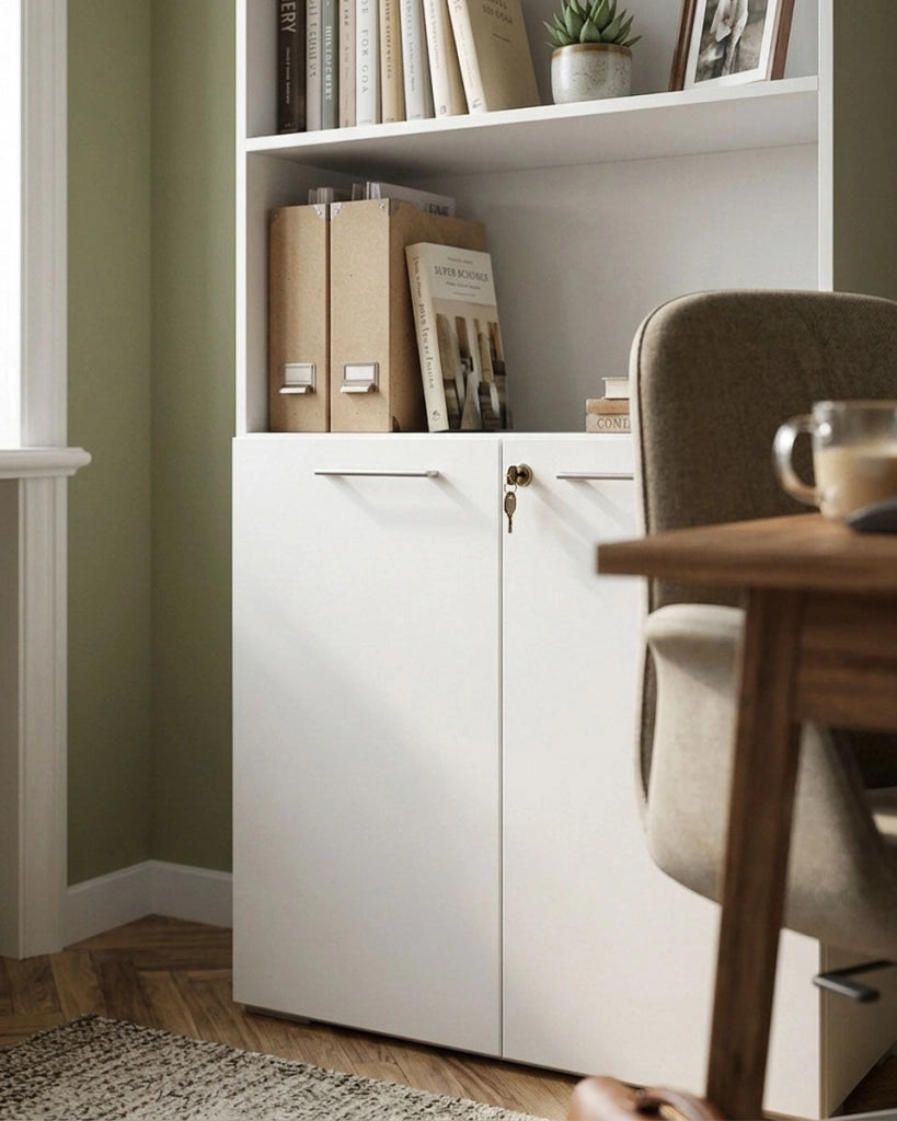 Armadio ufficio Alaska - Mobile archivio 2 ante con serratura - 4 mensole incluse - L. 90 x H. 199 x P. 42,5 cm – Bianco_