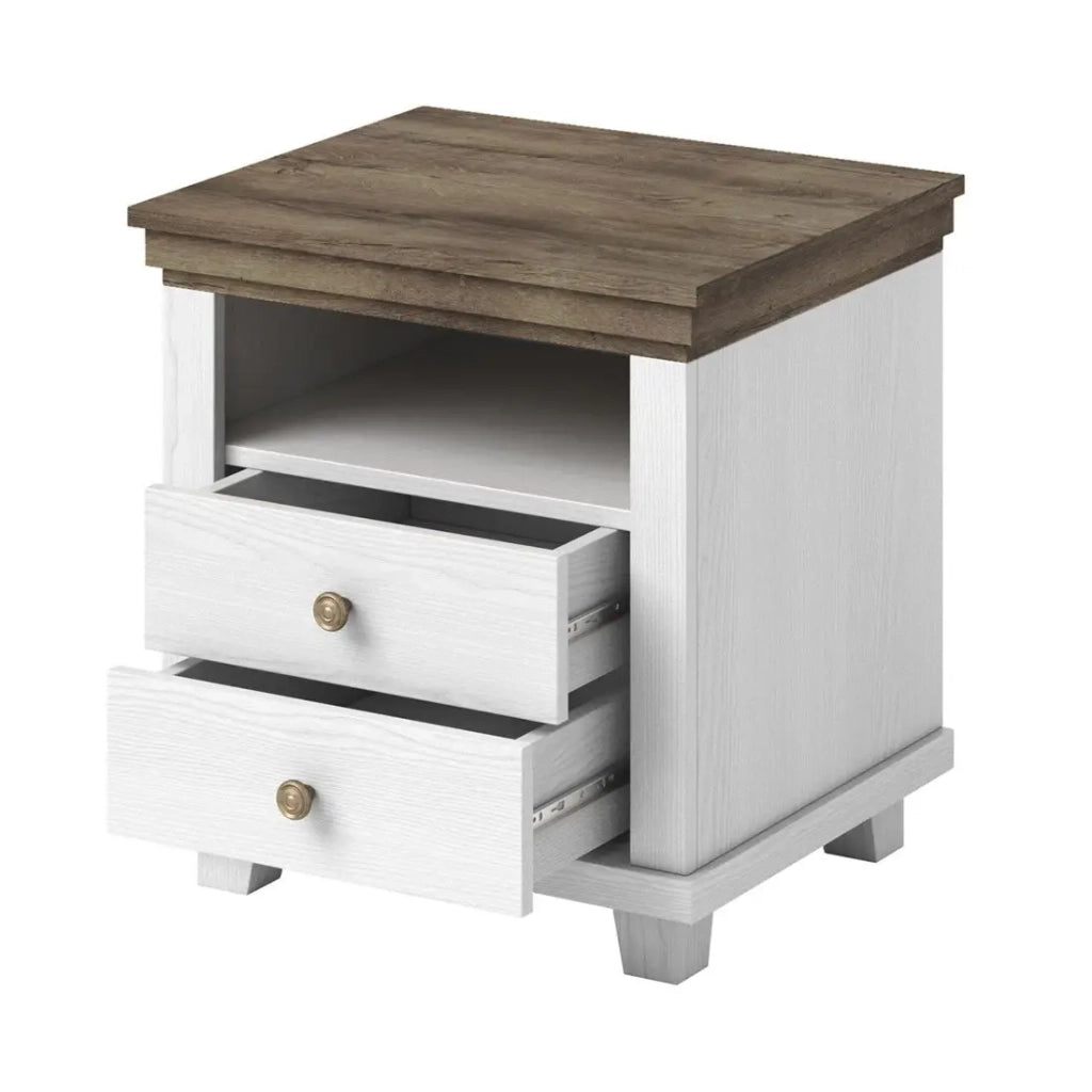 Tavolino da notte ASSIA – 2 cassetti + 1 vano – Bianco e rovere – Stile scandinavo