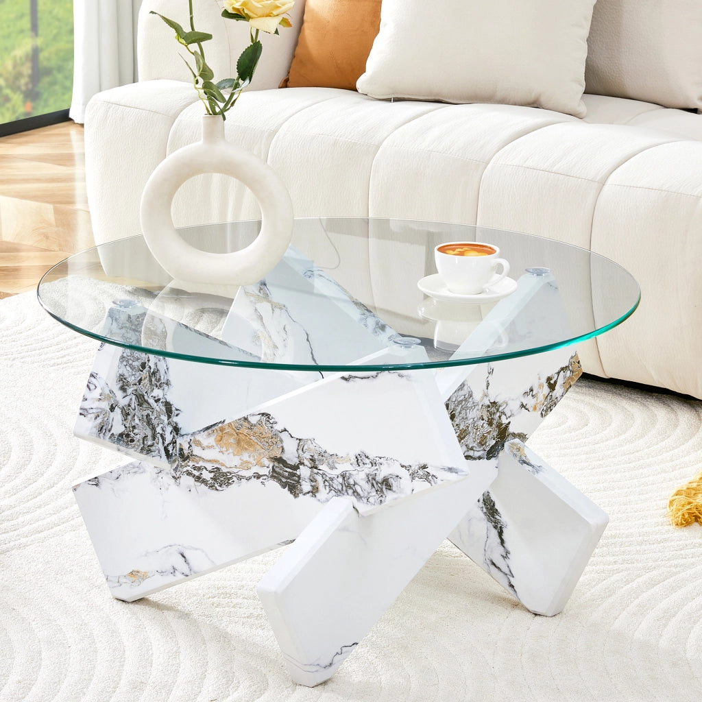 TAVOLO DA CAFFÈ ROTONDO 79 cm MDF E VETRO TRASPARENTE BIANCO