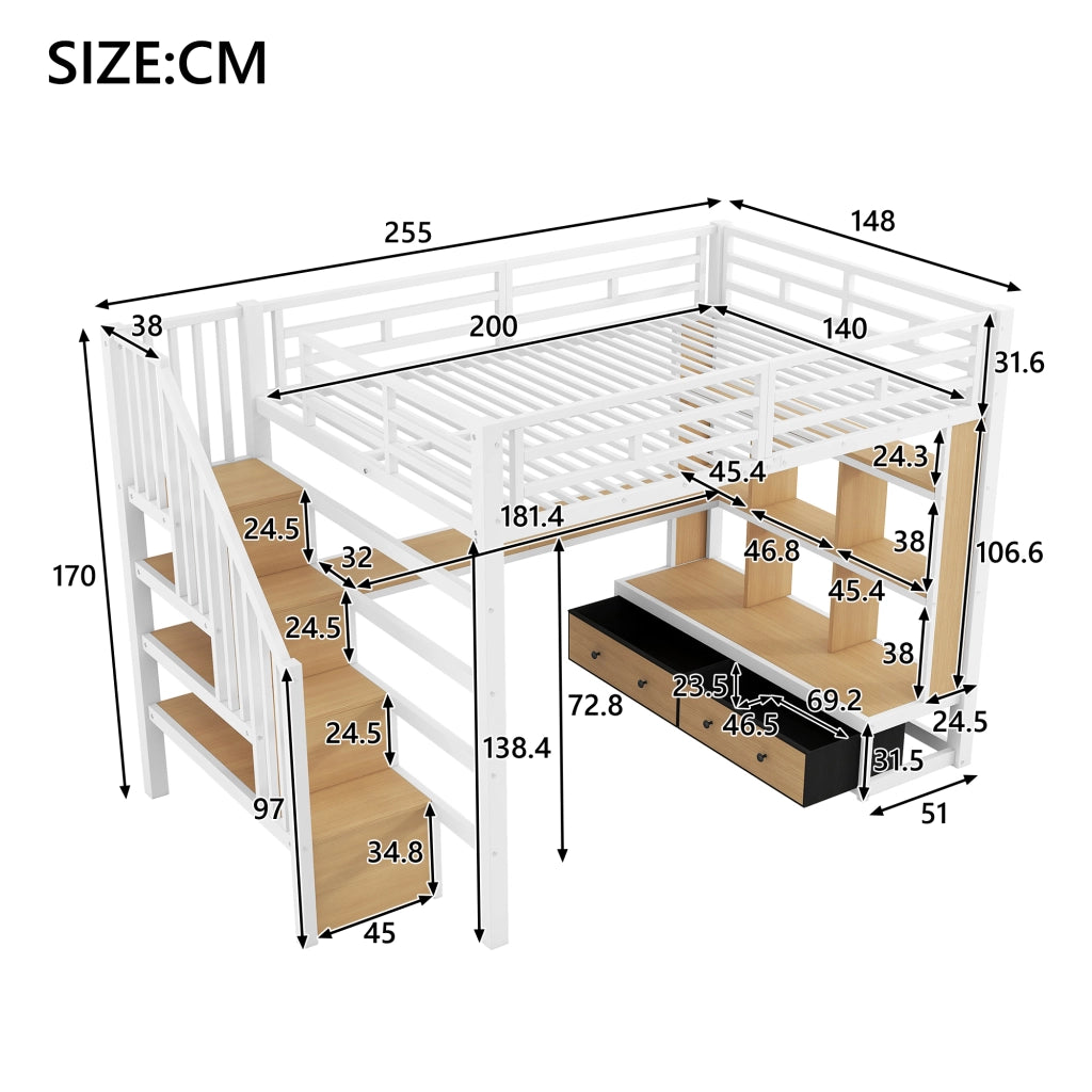Letto a soppalco 140x200 cm con scrivania; mensole; cassetti e LED; bianco
