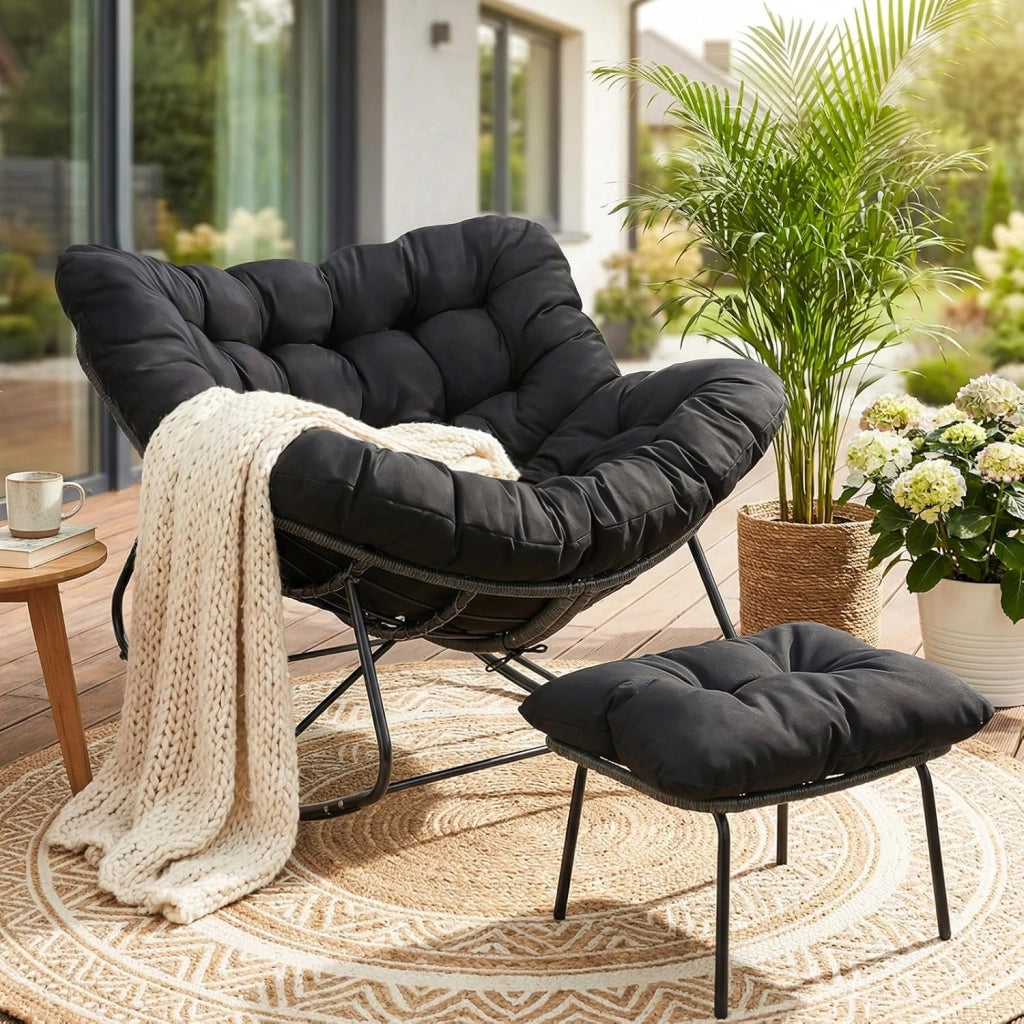 Set di sedie a dondolo con sgabello in rattan, resistente alle intemperie, con spessa imbottitura rimovibile, portata di 150 kg, per giardino, balcone, soggiorno