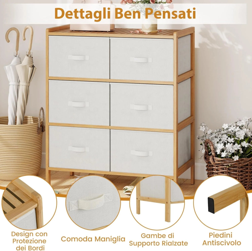 Cassettiera a 6 Cassetti in Bambù, Torre di Stoccaggio con Cassetti in Tessuto Pieghevoli e Ripiano Superiore, Organizzatore Verticale per Soggiorno Corridoio, 66x35x78,5 cm