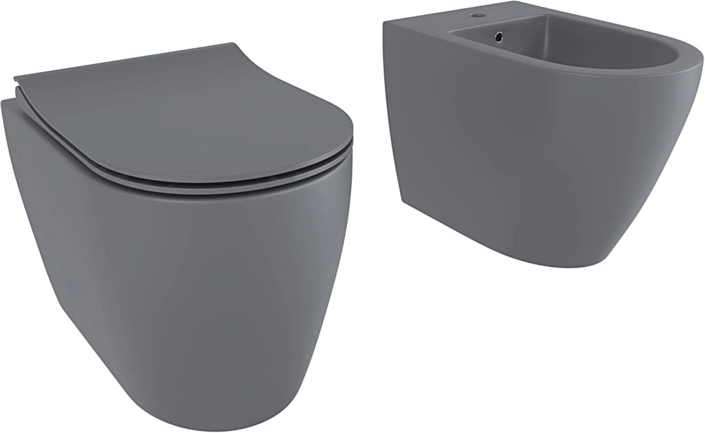Coppia Sanitari Filomuro Vaso WC Rimless Tornado Flush Bidet Ceramica Design Moderno Con Copriwater Soft Close Grigio Opaco