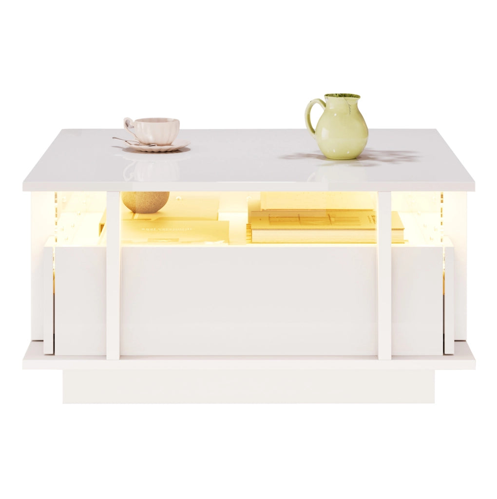 Tavolino da caffè quadrato 70x70x35 cm con 2 cassetti; LED e finitura lucida bianca