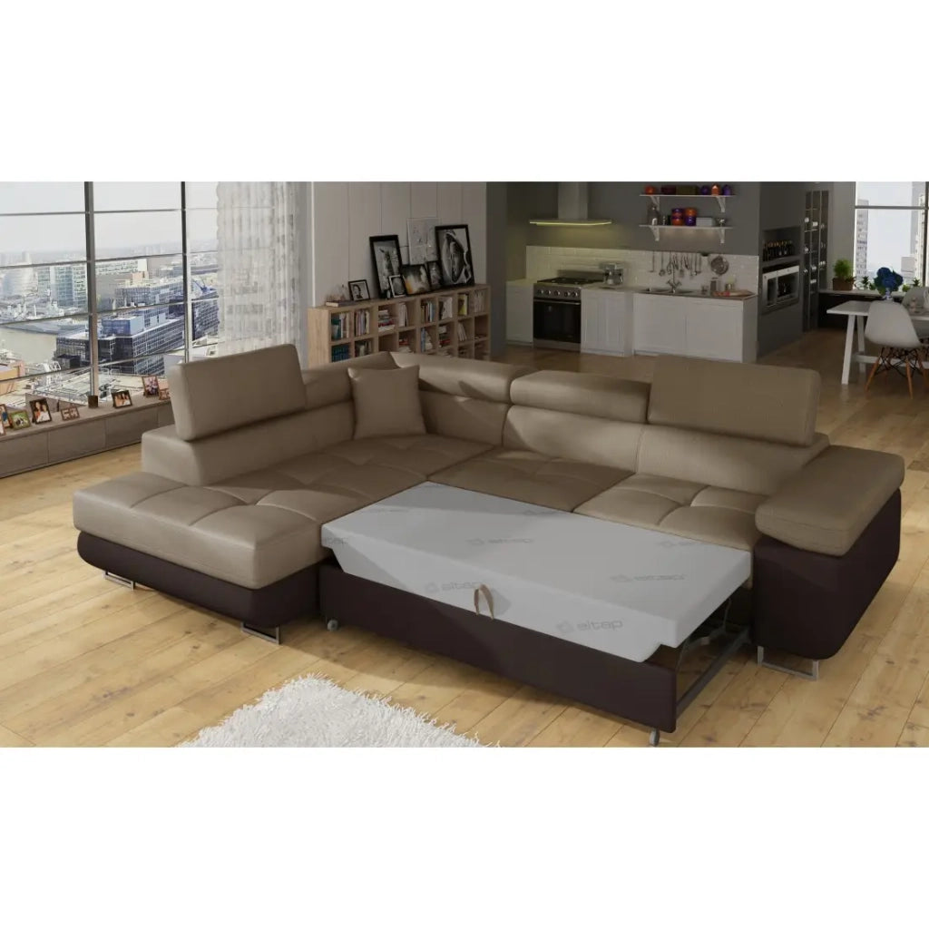 Divano angolare trasformabile MENTON beige e marrone bouclé – Angolo sinistro con contenitore