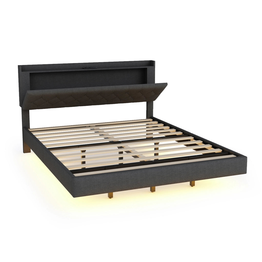 Letto imbottito matrimoniale 160x200 cm con LED a colori variabili; porta USB; contenitore; grigio