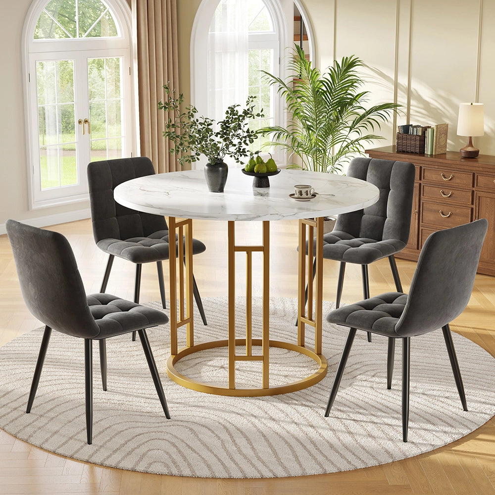 Set tavolo-Xylo-80cm rotondo 4 sedie grigio piedi dorati piano marmorizzato