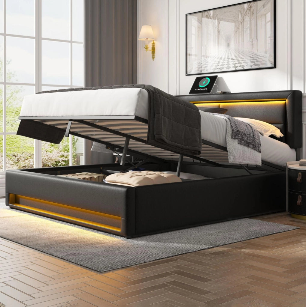 Letto imbottito 160x200 cm in PU nero con USB; LED e contenitore