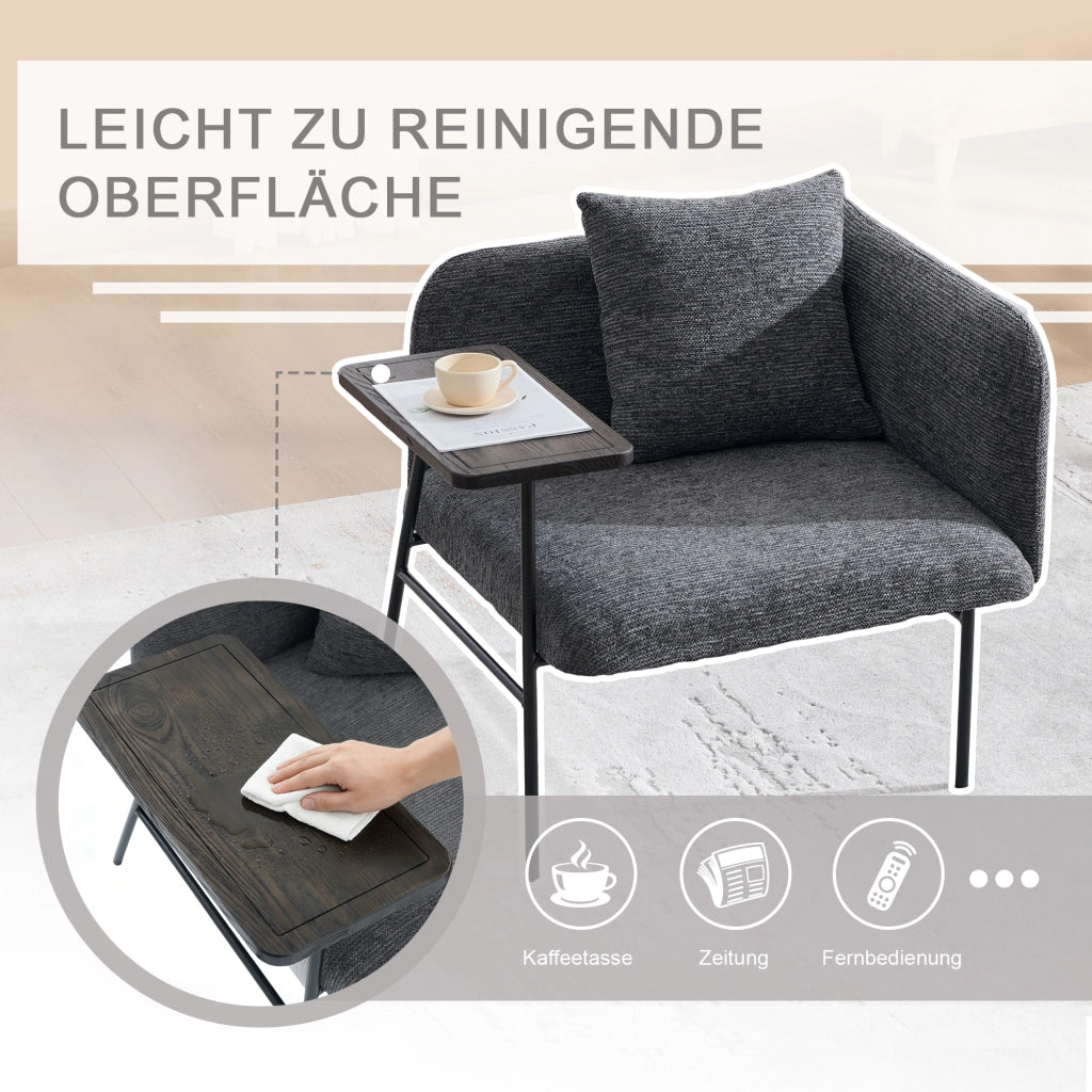 Poltrona con tavolino laterale e tasche portaoggetti, seduta ergonomica in ciniglia per salotto, grigio scuro