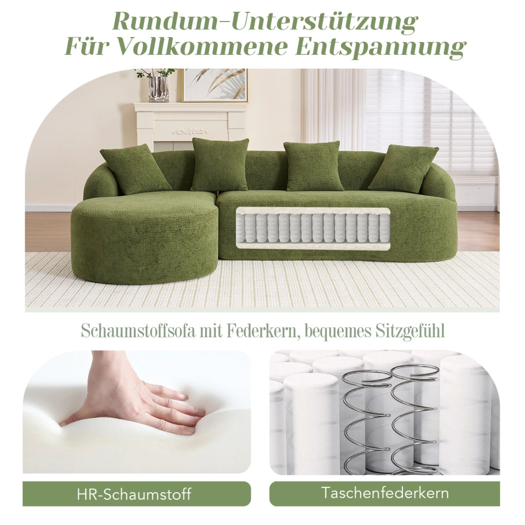 Divano modulare angolare curvo con chaise longue sinistra in chenille verde senza attrezzi 243 × 150 × 67 cm