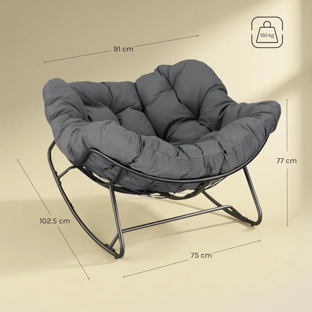 Sedia a Dondolo a Forma di Uovo, Poltrona Relax con Gambe Curve, Struttura in Metallo e Cuscino in Poliestere, Portata 150 kg, per Salotto e Balcone, Grigio Scuro