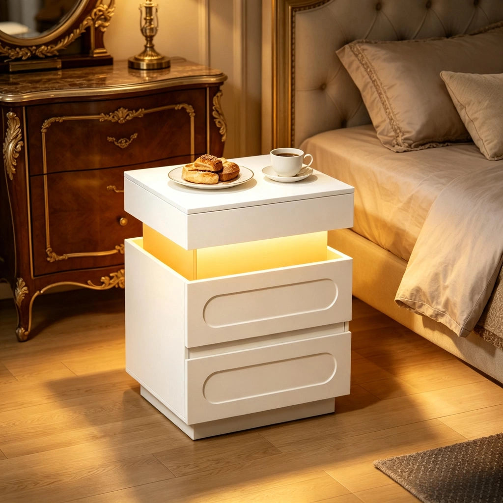 Comodino con 2 cassetti, vano nascosto e LED, con stazione di ricarica, per camera da letto, bianco, 45 × 58 × 40 cm
