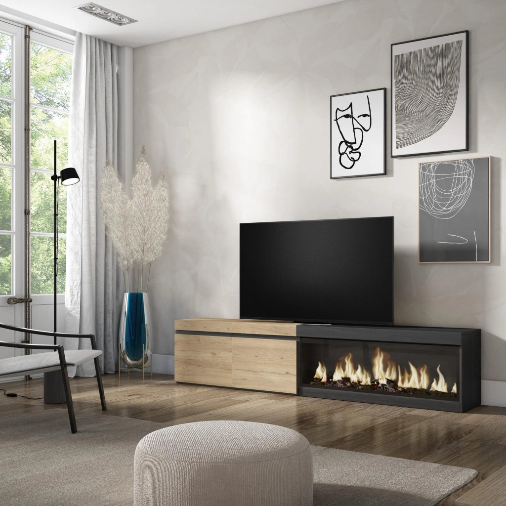 Mobile TV Soggiorno, 208x35x45cm, Per TV fino a 80", Camino elettrico XXL, colore Rovere e nero RF3266