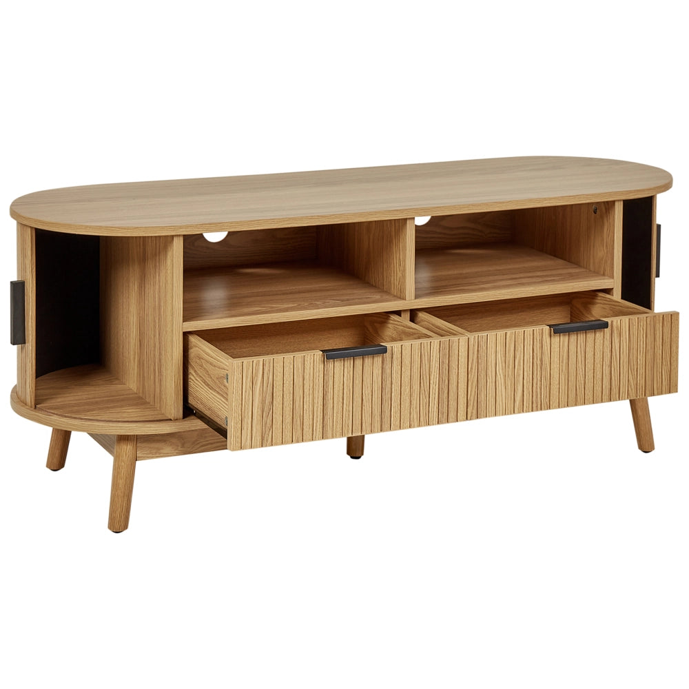 Porta TV Legno chiaro Gambe in legno massiccio MDF 2 ante scorrevoli 2 cassetti 2 ripiani Mobile Soggiorno