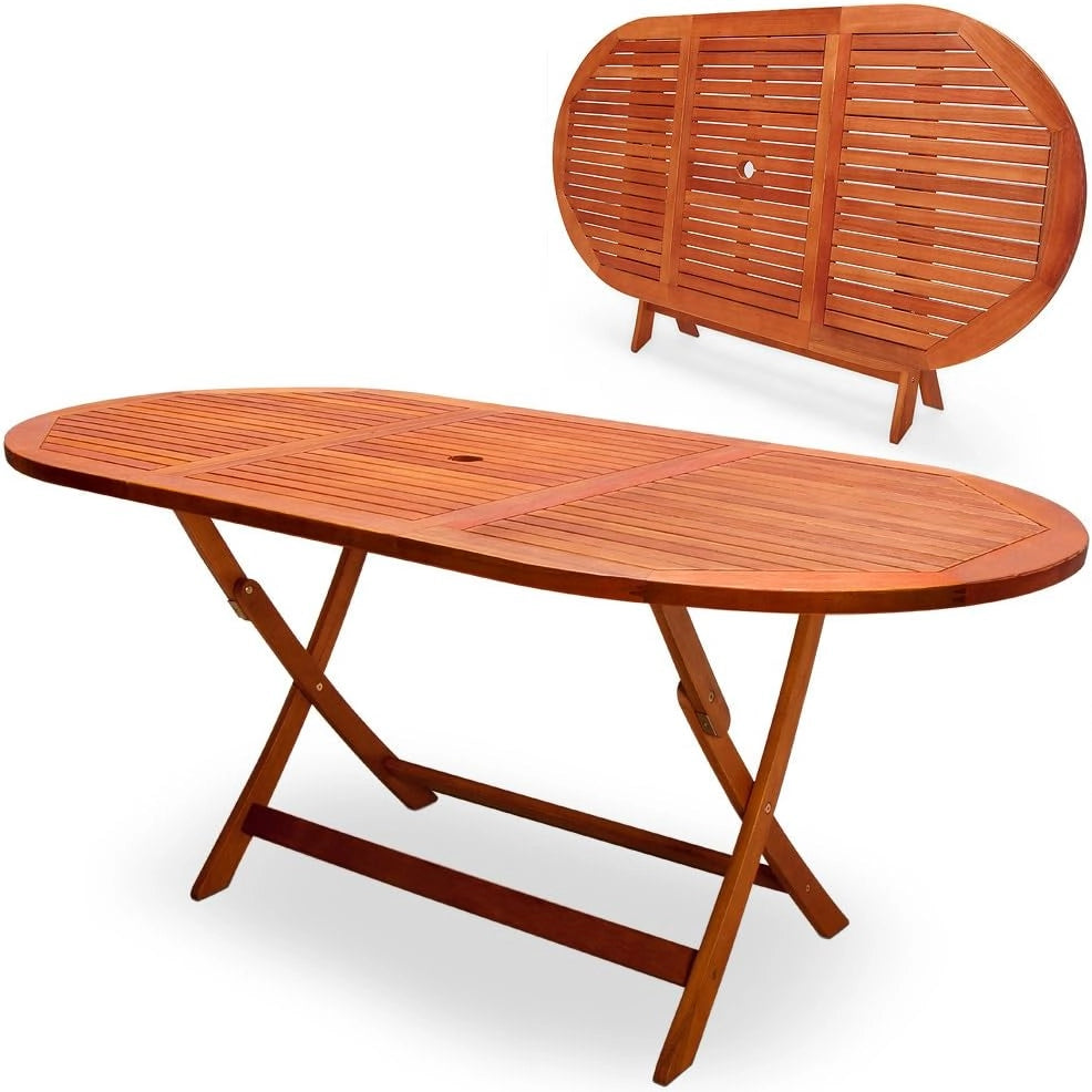 Tavolo da Giardino in Legno di Acacia Pieghevole 160x85cm Ovale Certificato FSC Portata 80 kg con Portaombrellone Tavoli da Esterno Balcone Terrazza per 6 Persone