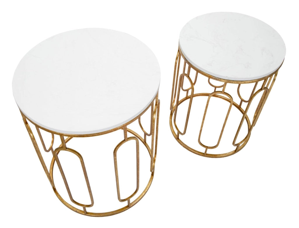 Tavolinetti Tory Marble Coppia Ø46x55-39x48 cm in Ferro e Marmo Oro e Bianco