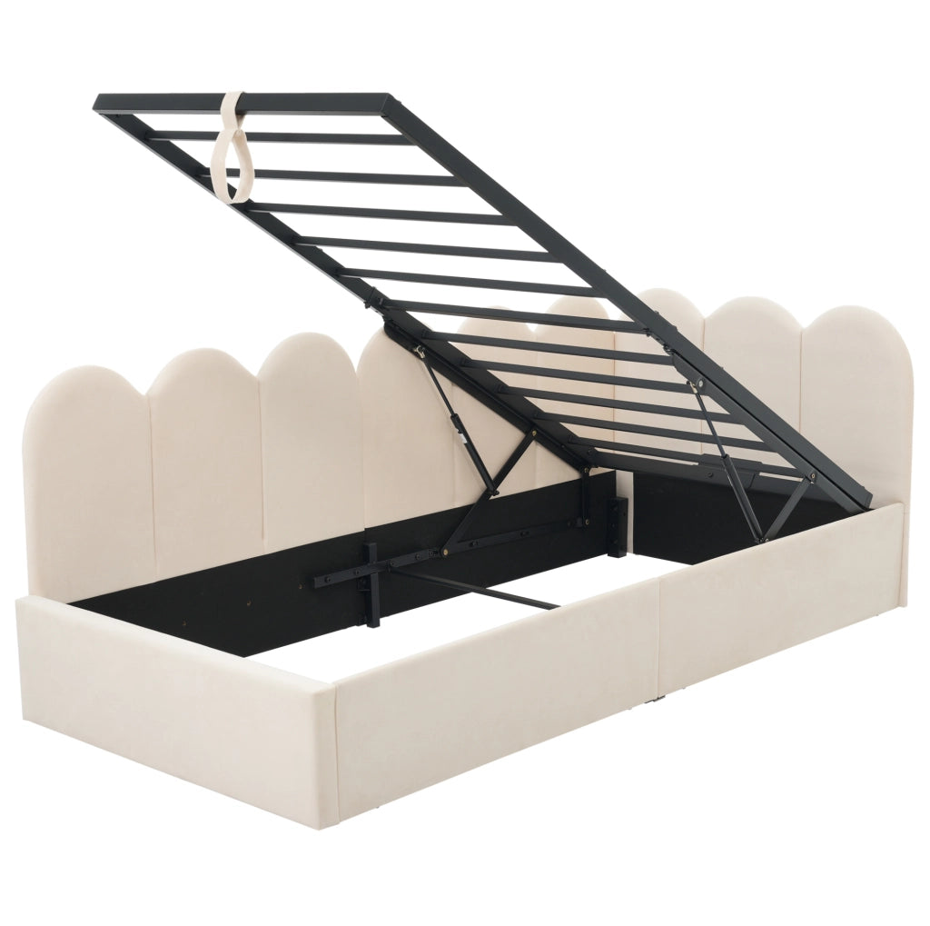 Letto giorno 90x190 cm con contenitore idraulico; velluto beige (Senza materasso)