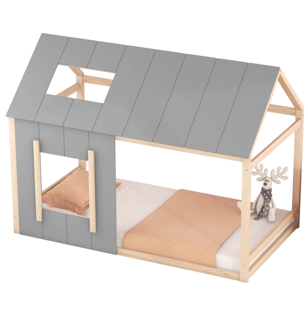 Letto per bambini 90x200 cm a casetta; legno; colore naturale