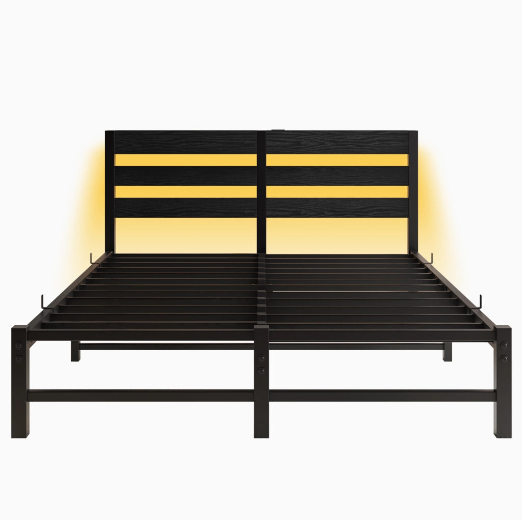 Letto matrimoniale 140x200 cm in metallo e legno nero con LED RGB; USB e vano sottoletto